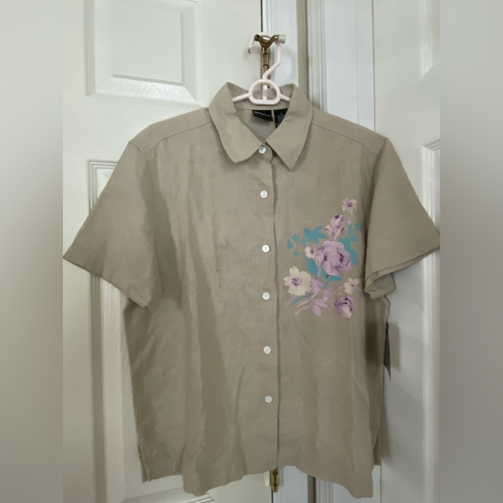 Erika Beige Floral Short Sleeve Linen Shirt (NWT)